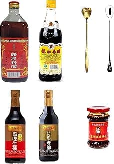 Chinese Premium Dark Soy Sauce, Premium Light Soy Sauce, Shaoxing Cooking Seasoning, Chinkiang Vinegar, Chinese Spicy Chili Crisp Spicy Chinese Chili Oil Hot Sauce With Two Long Handle Coffee Spoon