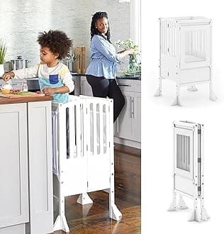 Kitchen Helper® Toddler Tower Step Stool - Contemporary - White: Folding Adjustable Height Montessori Wooden Learning Furniture with Keepers