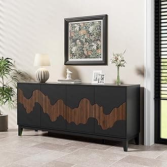 UEV Buffet Cabinet, 63" Modern Sideboard with Brown Water Stream Pattern, Kitchen Storage Cabinet with 4 Doors and Shelf, Wood Credenza for Dinning Room, Living Room (Black and Brown)