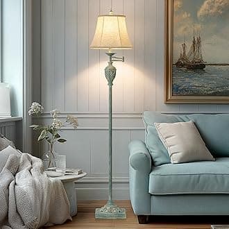 Traditional LED Floor Lamp with 350° Adjustable Swing Arm Lamp – Vintage Standing Pole lamp for Living Room, Bedroom and Office – Rustic Upright Floor Light for Home Décor with Faux Silk Fabric Shade