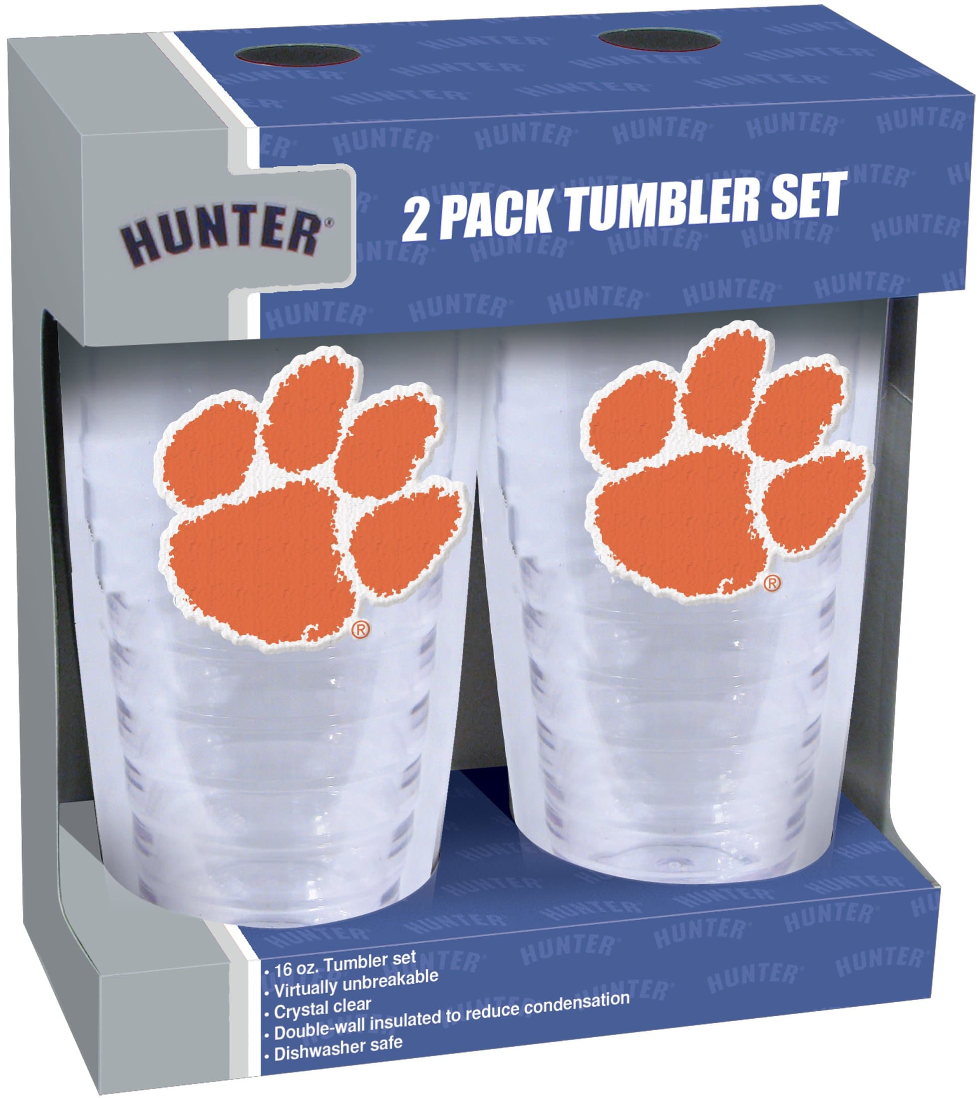 Hunter Manufacturing NCAA Clemson Tigers Slimline Tumber Set with Patch (2-Piece), 16-Ounce, Clear