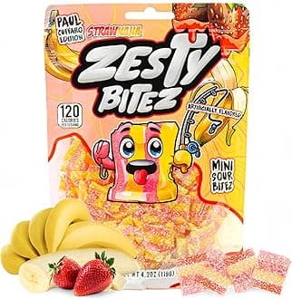 Zesty Bitez - Sour Candy Belts - Vegan Candy Strips, Super Sour Gummies - Mouth Puckering Sweet Candies for Adults & Kids - Resealable Pouch 4.2oz - Strawberry & Banana Flavored