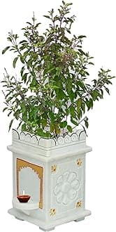 OBRAWAL Mini Tulsi Pot | Tulsi Planter Mini Sized | Gardening Tulsi Planter | White Marble | Handpainted | Mini Sized -7 x7 x 10 Inch, approx. [ L x W x H ]