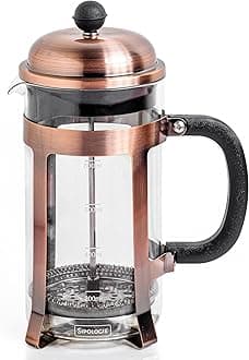 Sipologie Vintage Copper French Press Coffee Maker 1000ml, Copper, 4-Level Filtration, Heat Resistant Borosilicate Glass, Stainless Steel Housing, Measurement Marking, Coffee Spoon, Extra Filter Mesh