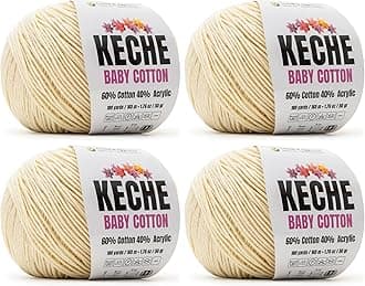 Keche Cotton Yarn, 60% Cotton 40% Acrylic Yarn, Soft Cotton Yarn for Crochet and Knitting, Amigurumi Yarn 4 Skeins/Balls [1.76 Oz (50g) / 180 Yrds (165m)] x 4 - Cream