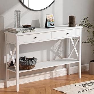ChooChoo 47" Console Table with Drawers, Narrow Wood Accent Sofa Table Entryway Table with Storage Shelf for Entryway, Front Hall, Hallway, Living Room, White