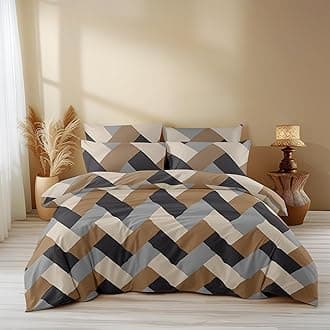 LOOMLYFE 300 TC All Season King Size AC Comforter || Blanket || Duvet with 1 King Size Elastic Fitted Bedsheet and 2 Large Pillow Cover - 4 Piece Comforter Set - BrownGreyCross