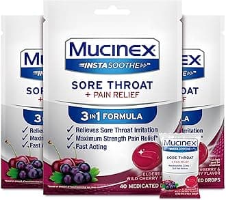 Mucinex Instasoothe Sore Throat Relief, Sore Throat Lozenges, Sore Throat Medicine with Hexylresorcinol, Cough Drops Alternative, 40 Elderberry & Wild Cherry Medicated Numbing Throat Drops (Pack of 3)