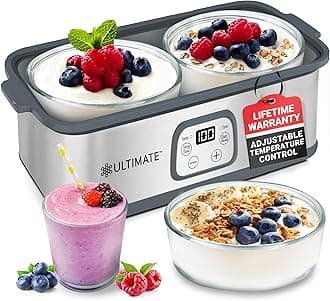 Ultimate Probiotic Yogurt Maker with Adjustable Time & Temp Control - Make Trillions of Live Probiotics with Two 1-Quart Containers for Larger Batches - Best Greek Yogurt Maker - LIFETIME WARRANTY