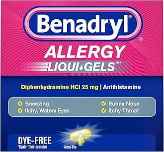 Liqui-Gels Antihistamine Allergy Medicine & Cold Symptom Relief, Dye-Free Liquid Gels with 25 mg of Diphenhydramine HCl for Symptoms Such As Runny Nose, Sneezing & More, 24 ct