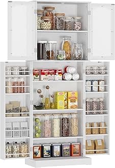 Function Home 64" Kitchen Pantry Cabinet, Freestanding Storage Cabinet, Tall Cupboard with Glass Doors and Adjustable Shelves, Utility Floor Cabinet for Kitchen Dining Living Room Bathroom, White
