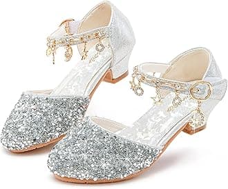 Furdeour Girls Dress Shoes Princess Crystal High Heels Closed Toe Party Wedding Flower Girls Shoes Toddler Little Big Kid