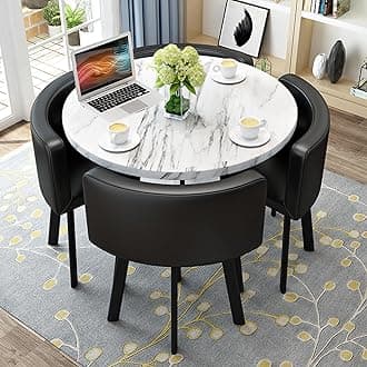 Round Kitchen Dining Table Set for 4, Space Saving Table and Chairs Set with Thick Tabletop 4 Upholstered Chairs, Dinning Room Modern Casual Coffee Table Set(D 31.5inch/80cm, PU Black)