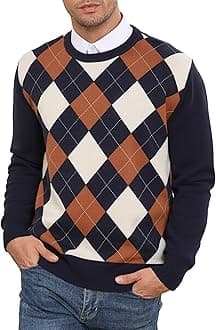 Men's Crewneck Sweater Slim Fit Argyle Pattern Long Sleeve Knit Pullover Sweater for Casual Or Dressy Wear