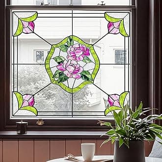 Window Stickers, ‌Stained Glass Window Privacy Film, UV Blocking Static Cling for Home Kitchen Office Bathroom, Rose Garden, 11.87" X 15.7"