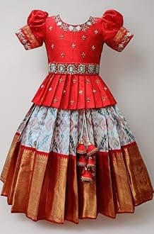 Girls Polyester Blend New South Indian Traditional Pattu Pavadai Jecquard Readymade Lehenga Choli Dress