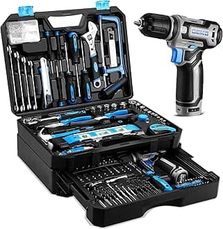 Tool Set: Tool Kit with 12V Cordless Drill, Hand Toolbox with storage case, Mechanic Tool set for Home Repairs, Blue