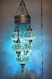 Asylove 5 Globe Turkish Pendant Ligting, Mosaic Turkish Moroccan Hanging Lamp, Ceiling Decorative Dining Lamp, 3 Feet Height 7 inch Globes (Turquoise)