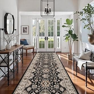 TOPRUUG Washable Hallway Runner Rug 4x12: Non Slip Runner Rugs with Rubber Backing Soft Kitchen Rug Farmhouse Distressed Carpet Runner for Living Room Bedroom Bathroom (Black, 4X12)