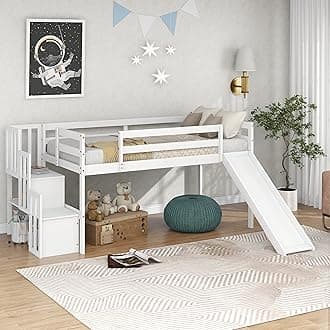 CITYLIGHT Twin Loft Bed with Slide, Low Loft Bed Frame with Stairs and Storage Shelves, Slide Loft Bed for Boys Girls, No Box Spring Needed, White