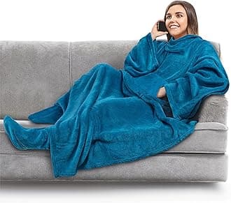 PAVILIA Fleece Blanket with Sleeves, Foot Pockets for Women Men Adults, Plush Wearable Blanket Throw Wrap, Warm Snuggle Blanket Robe, Cozy Gift Ideas Wife Mom Teal Blue