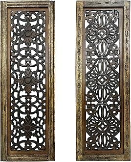 TUP THE URBAN PORT Floral Hand Carved Wooden Wall Panels, Assortment of Two, Rustic Brown