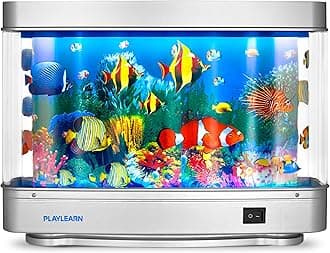 Playlearn USA Fake Fish Tank Mini Aquarium - Artificial Fish Tank with Moving Fish - Fake Aquarium Lamp - Perfect Sensory Lamp, Grey Base (JFT_ROLL)