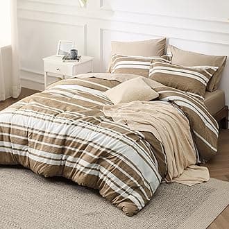 Bedsure King Comforter Set 7 Pieces, Khaki Striped Bedding Set for King Size Bed Reversible, Cationic Dyeing Bed in a Bag with Comforter, Sheets, Pillowcases & Shams