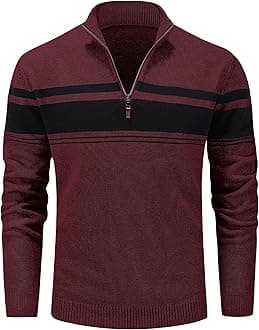 MAGCOMSENMen's Sweaters 1/4 Zip Up Casual Striped Pullover Polo Sweaters Fall Winter Sweatshirts, Wine Red, L