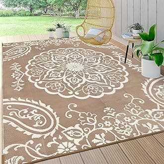 Pauwer Waterproof Outdoor Rug 9x12, Reversible Plastic Straw Patio Camping Rug, Indoor Outdoor RV Mat Carpet for Deck, Camper, Porch, Balcony, Backyard, Picnic, Boho Brown