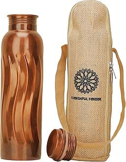 FURNISHFUL FINESSE Hammered Pure Copper Bottle with Carrying Bag for Drinking...