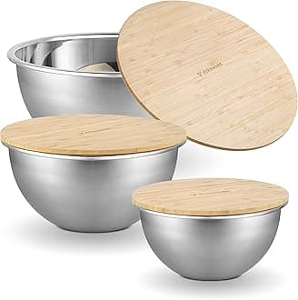 Stainless Steel Mixing Bowls - Nesting Bowls - Cute Collapsible Serving Bowls With Bamboo Lids Food Storage - 3 Stackable Meal Prep Bowls - Salad Mixing Baking Bowls For Kitchen Cooking