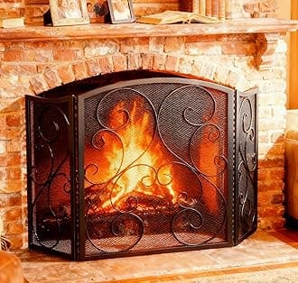 Fire Beauty Fireplace Screen 3 Panel Wrought Iron Metal 48"(L) x30(H) Spark Guard Cover(Black)