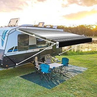 YESCAMP Manual RV Awning Complete Kit Retractable Camper Awning for RV or Trailers RV Roll Out Awning for Camper or 5th Wheel,Travel Trailers,Toy Haulers,Motohome(17Ft,White Frame,Black Stripe)