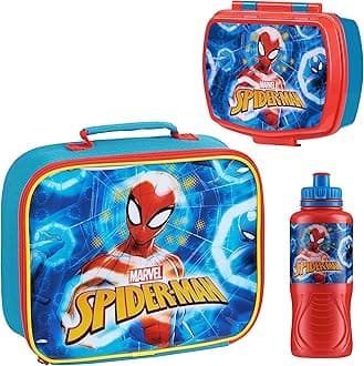 Marvel Kids Lunch Box 3 Piece Set Avengers Insulated Lunch Bag Snack Box 430ml Spiderman Water Bottle BPA Free School Travel Captain America Iron Man Thor (Multicolor Spiderman)