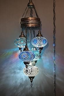 Asylove 5 Globe Turkish Pendant Ligting, Mosaic Turkish Moroccan Hanging Lamp, Ceiling Decorative Dining Lamp, 3 Feet Height 7 inch Globes (ColdMix)