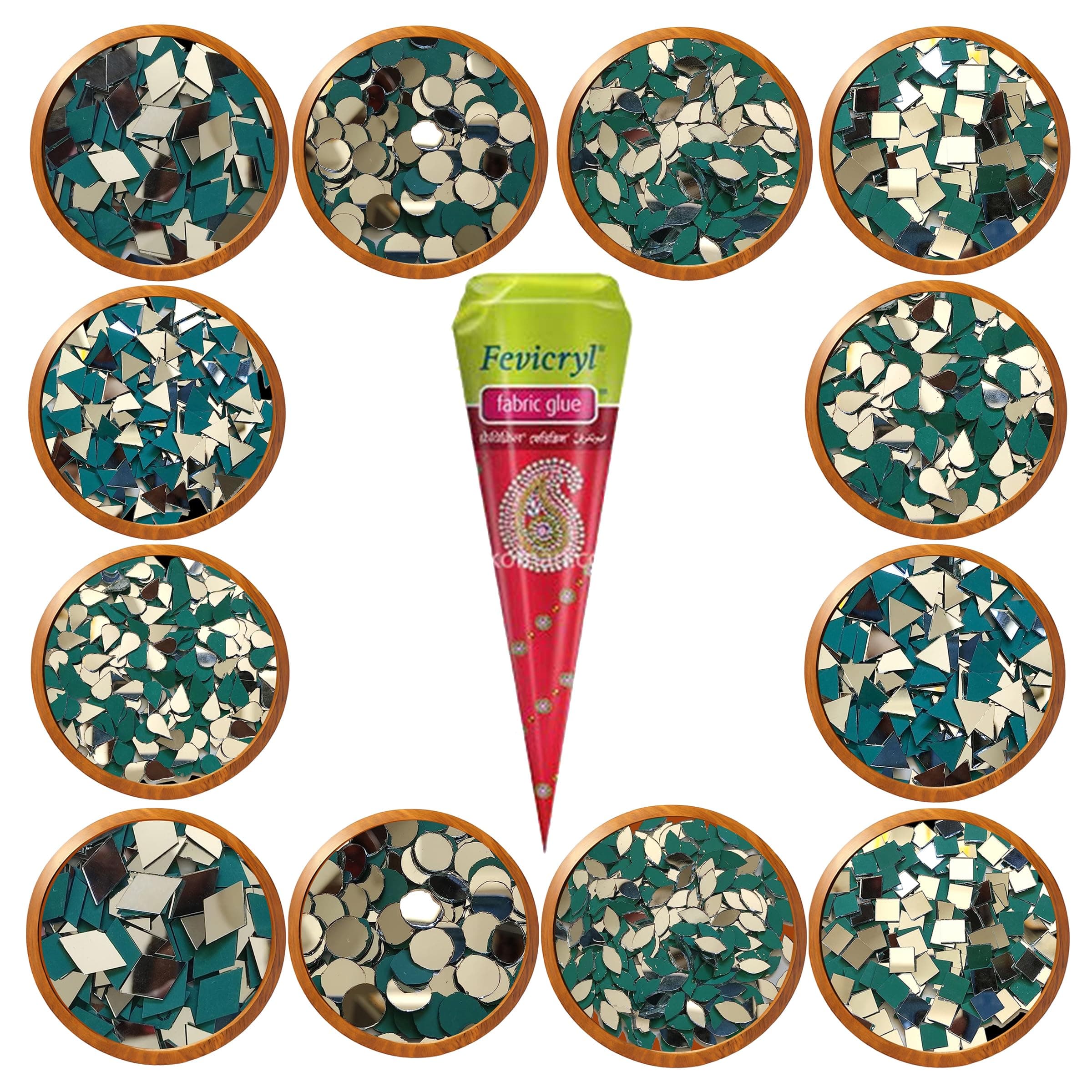 PD Craftozone 12 Different Variety Mirror Kit for Craft work, mud art, lippan art,febric art, madala art, Ideal for jewellery making (1248 Pieces, 104 Each) with Fabric Glue Cone (Combo of 12 variety)