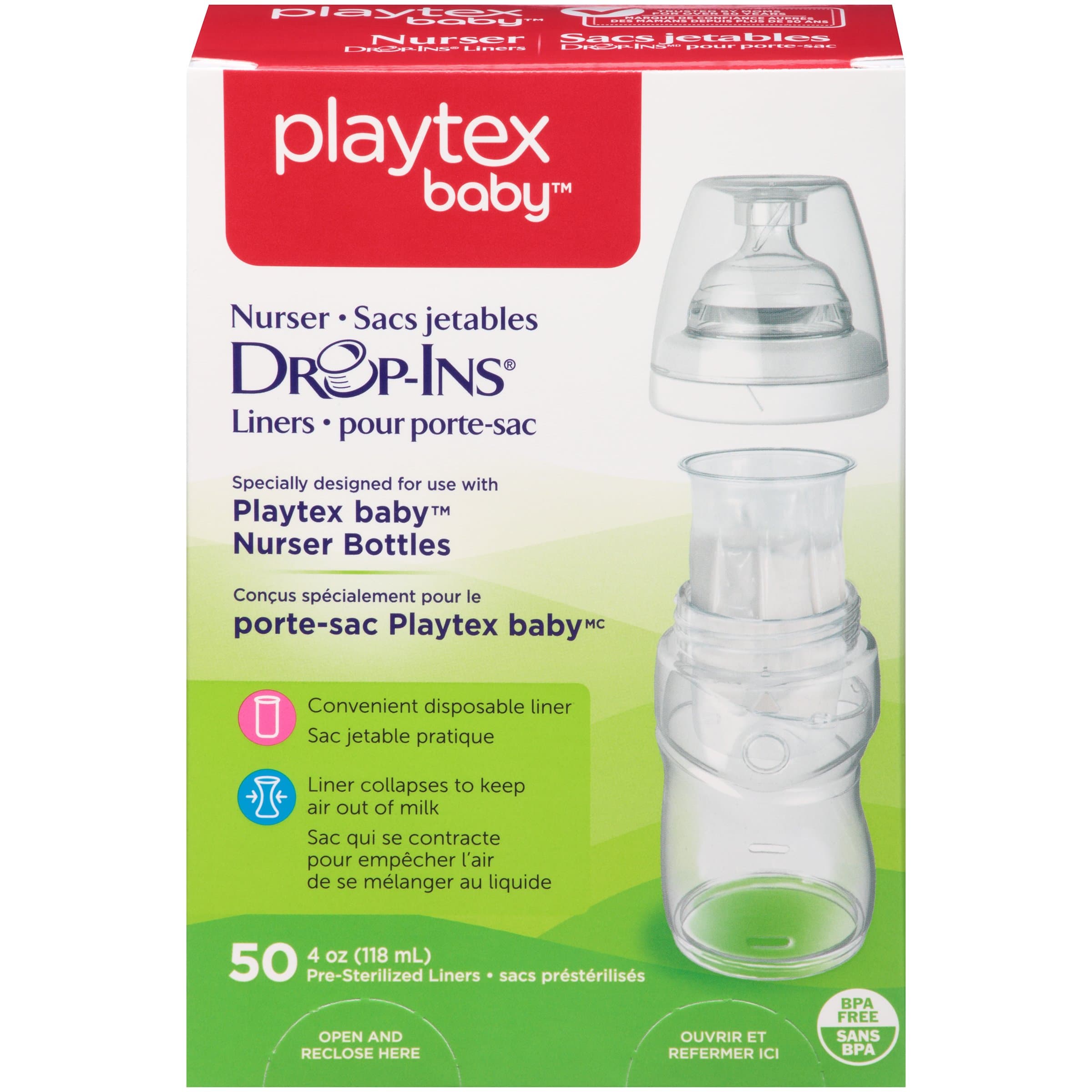 Nurser Bottles Drop-Ins Recyclable Disposable Liners, Pre-Sterilized, 4 Oz, 50 Count