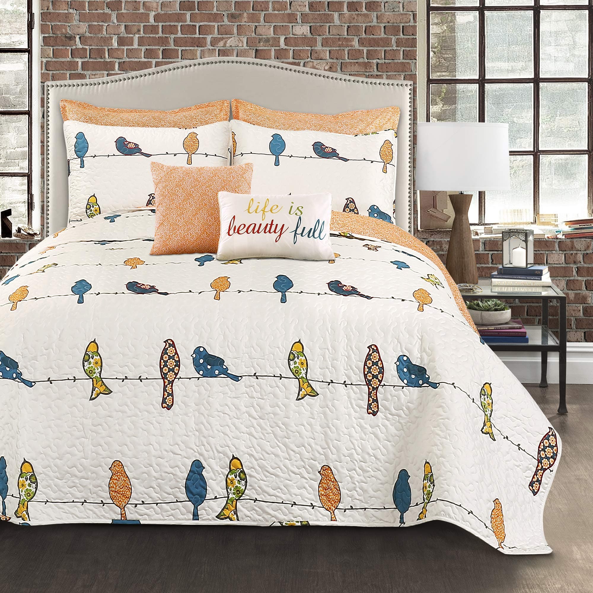 Lush Decor Rowley Birds Quilt Set, 7 Piece Set, Full/ Queen, Multi - Reversib...