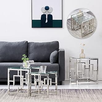 ZOONFA Chrome Nest of 3 Glass Coffee Tables Nesting Table Modern Design- Stackable Space Saving Sofa Side Corner End Lamp Table Small Square Silver Nest of Tables for Living Room
