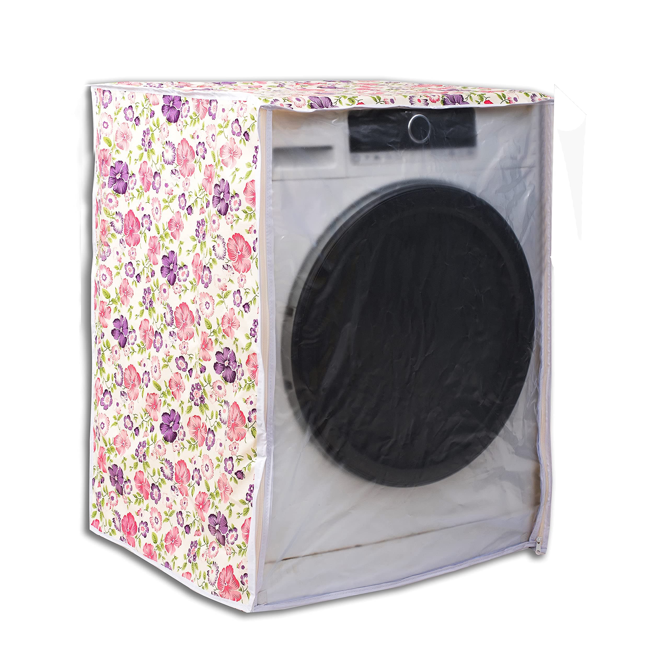 Classic® Front Load Washing Machine Cover Suitable for LG 7 Kg, 7.5 Kg, 8 Kg, 8.5 Kg, 9 Kg (63cmsX63cmsX81cms, White & Pink Flower)