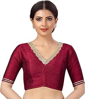 Studio Shringaar Women's Readymade Silky Saree Blouse Elbow Length Sleeves With Embroidered Neckline Choli