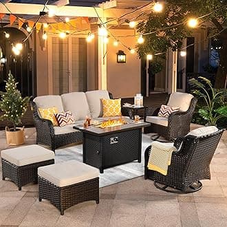 ovios 7 Pieces Patio Furniture Set with 42 inch Fire Pit Table, Outdoor Wicker Sofa Couch Swivel Rocking Glider Chairs, Modern Luxury Conversation Set, Brown Wicker, Beige