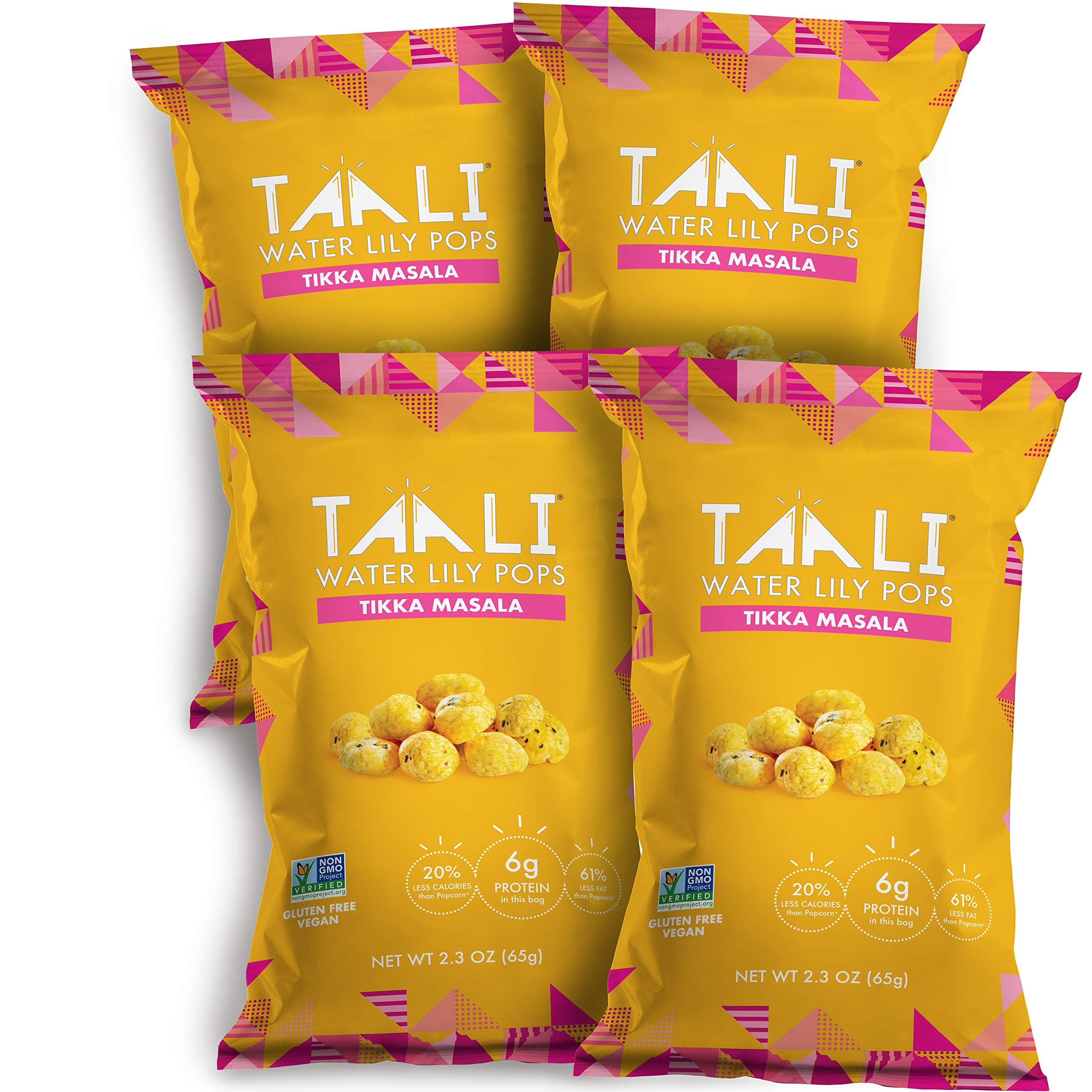 Taali Tikka Masala Water Lily Pops (4-Pack) - Roasted Fox Nuts Makhana Snack | Crunchy Indian Healthy Snacks | Protein-rich, Vegan, Gluten Free, Non GMO | 2.3 oz Multi-Serve Bags