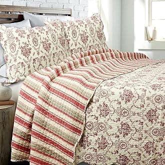 ZEYUMEE Cozy Line Home Fashions French Medallion Beige Burgundy Red Rose Flower Pattern Printed 100% Cotton Bedding Quilt Set Reversible Coverlet Bedspread (Burgundy Red, King - 3 Piece)