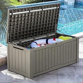 120 Gallon Large Deck Box, Resin Outdoor Storage Box for Outdoor Pillows, Garden Tools and Pool Supplies, Waterproof, Lockable, Taupe