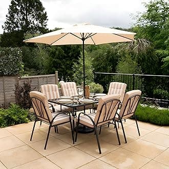 6 Seater Metal Garden Furniture Outdoor Dining Set with Table and Parasol in Beige Stripe