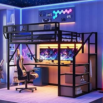 Full Loft Bed with Desk and RGB Light, Metal Loft Bed Frame with Stairs and Bedside Shelf, Heavy-Duty Lofts Beds with Storage Shelves and Wardrobe for Kids Teens, Black