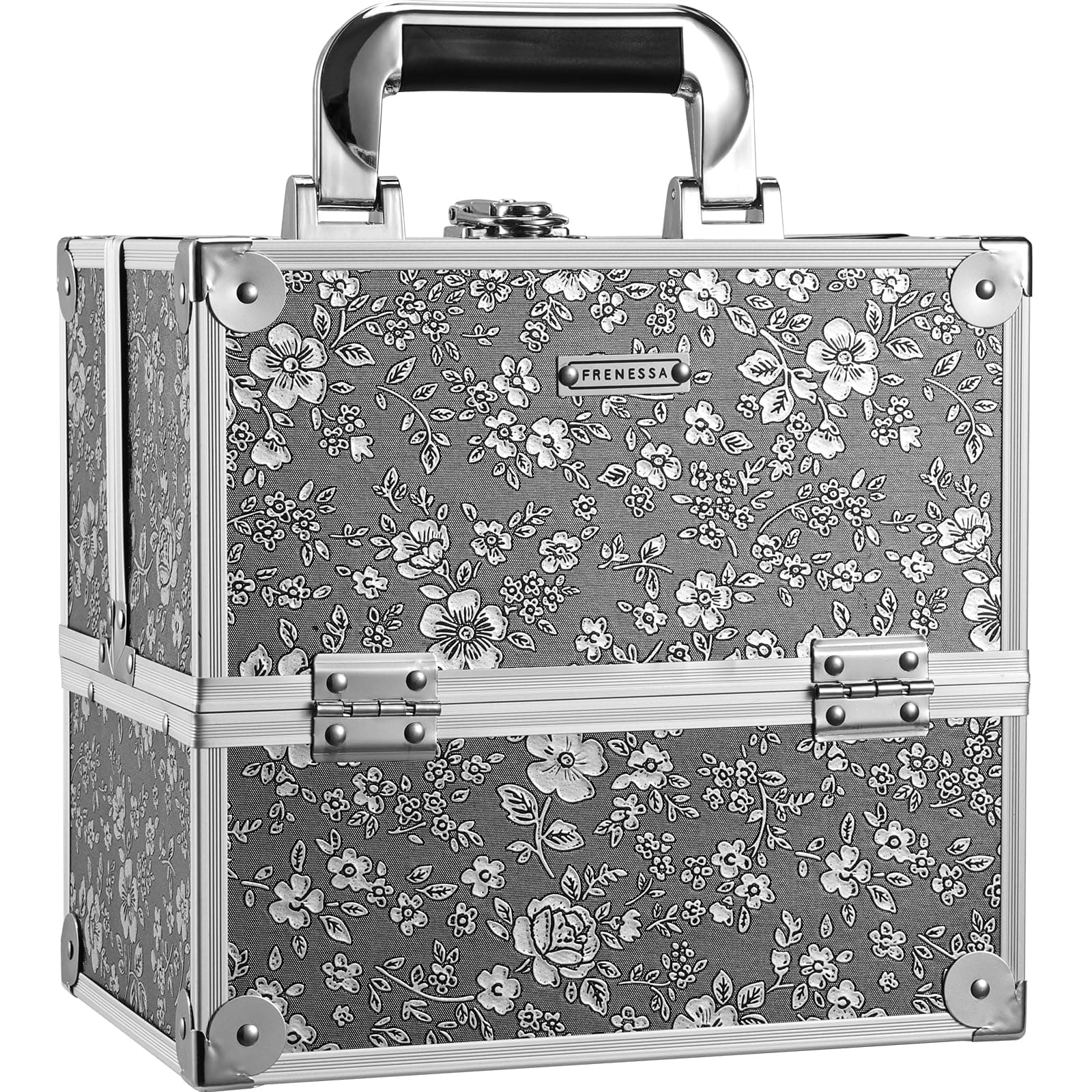 Makeup Case Makeup Box Cosmetic Organizer Case Portable Make Up Travel Case Storage Box 4 Trays with Dividers Lockable Hard Train Case Nail Tech Supply Storag Silver Floral