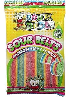 Sour Dudes (1) Bag Sour Belts - Rainbow Berry Flavor - Made With Real Fruit Juice Sour & Sweet Candy - 4.5 oz